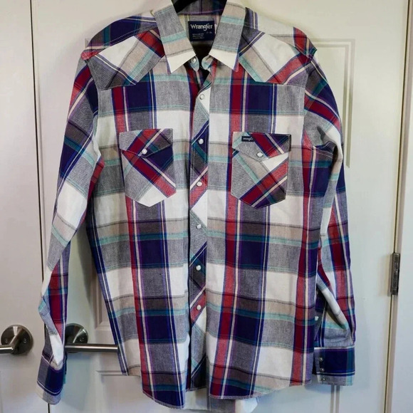 Wrangler Long Sleeve Mens 17-36 Plaid‎ X-Long Tails Pre-Shrunk Made in USA - Picture 1 of 8